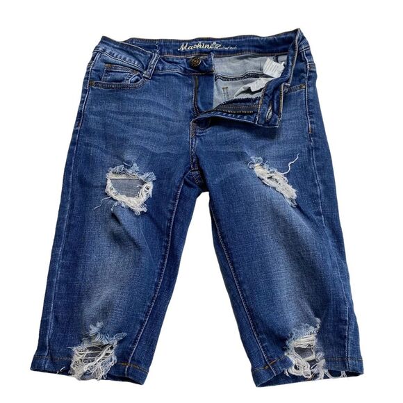 Machine Distressed Stretch Denim Bermuda Shorts Blue Sz 28 - Picture 2 of 14